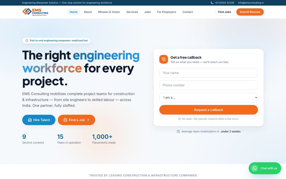 EMS Consulting's home page with a callback form